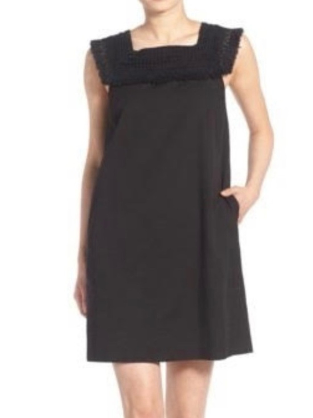 Madewell Black Sundream Fringe Crochet Shift Dress Square Neck GUC 6 #2685